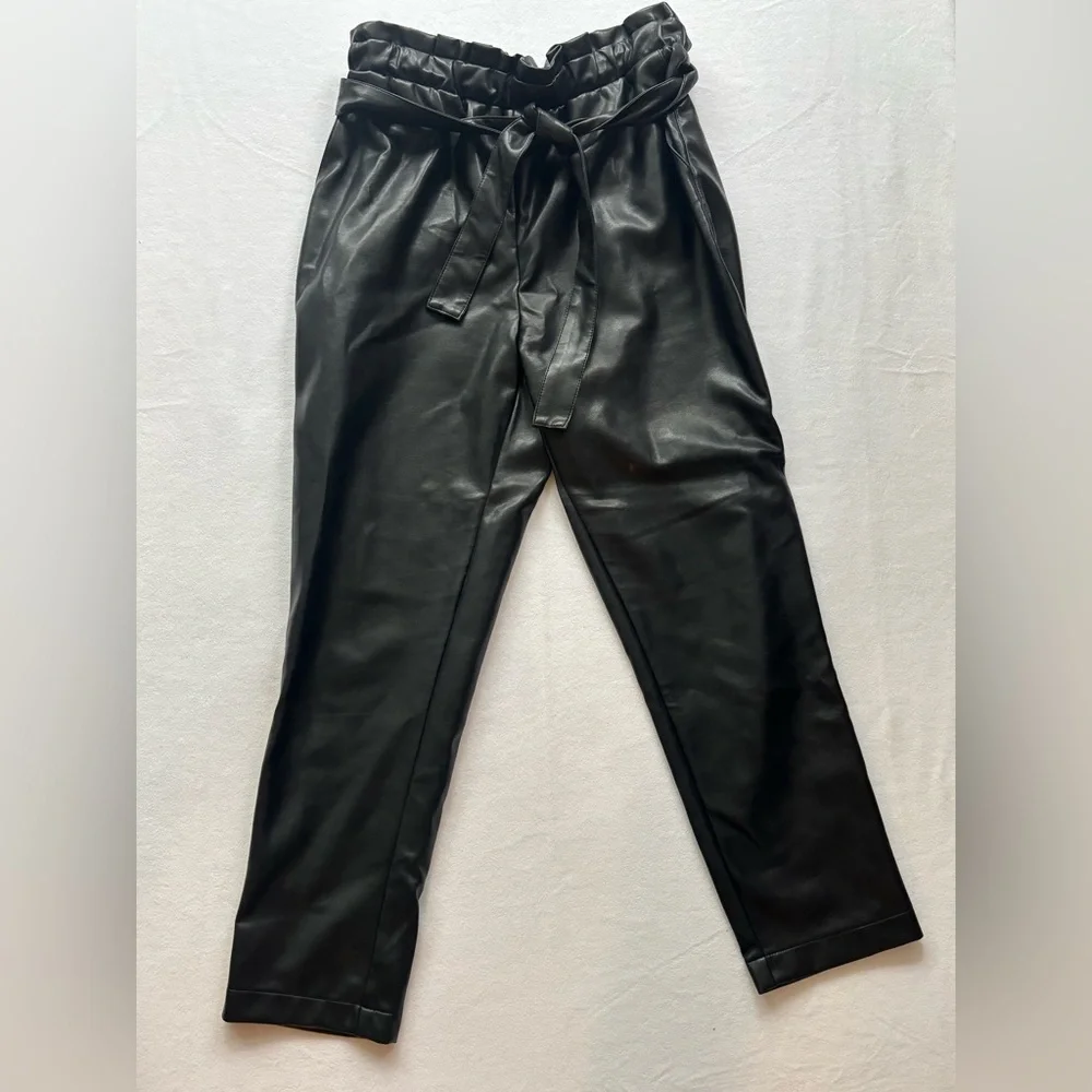Black faux tie Leather Pants Sz S